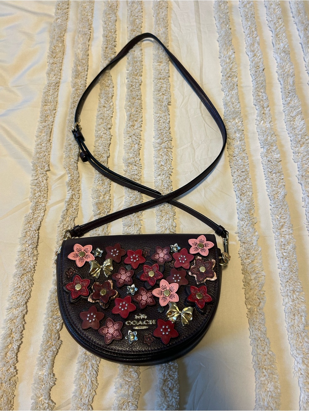 Coach Black Leather Crossbody with Pink & Red Floral Appliqués